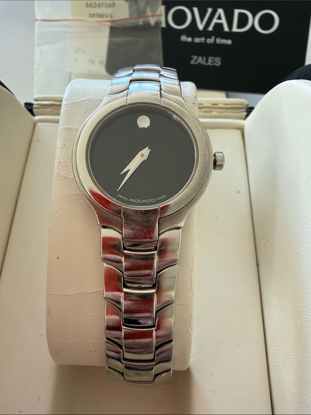 Movado Silver Bracelet Watch with Black Dial with crystal face